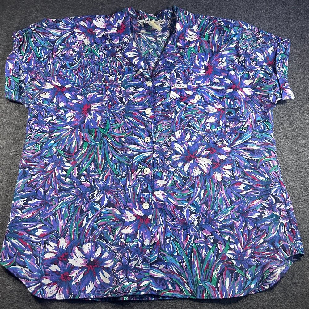 Vintage Cabrais Cute Women's Short Sleeve Camp Shirt‎ Purple Floral XXL 18